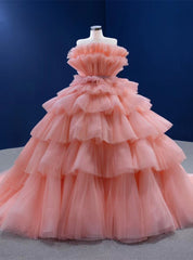 Orange Tulle Tiers Strapless Princess Prom Dresses