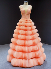 Orange Tulle Tiers V-neck Backless Beading Prom Dresses