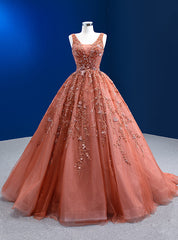 Orange Tulle V-neck Beading Sequins Prom Dresses