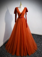 Orange Tulle V-neck Pleats Sleeveless Prom Dresses