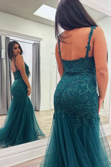 Peacock Mermaid V-Neck Appliques Tulle Long Prom Dresses