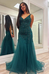 Peacock Mermaid V-Neck Appliques Tulle Long Prom Dresses