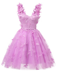 Pink 3D Butterfly Lace Applique Tulle Homecoming Dress for Teens Sweetheart Mini Short Prom Dresses