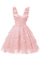 Roze 3D Butterfly Lace Applique Tule Homecoming -jurk voor tieners lieverd mini short prom jurken