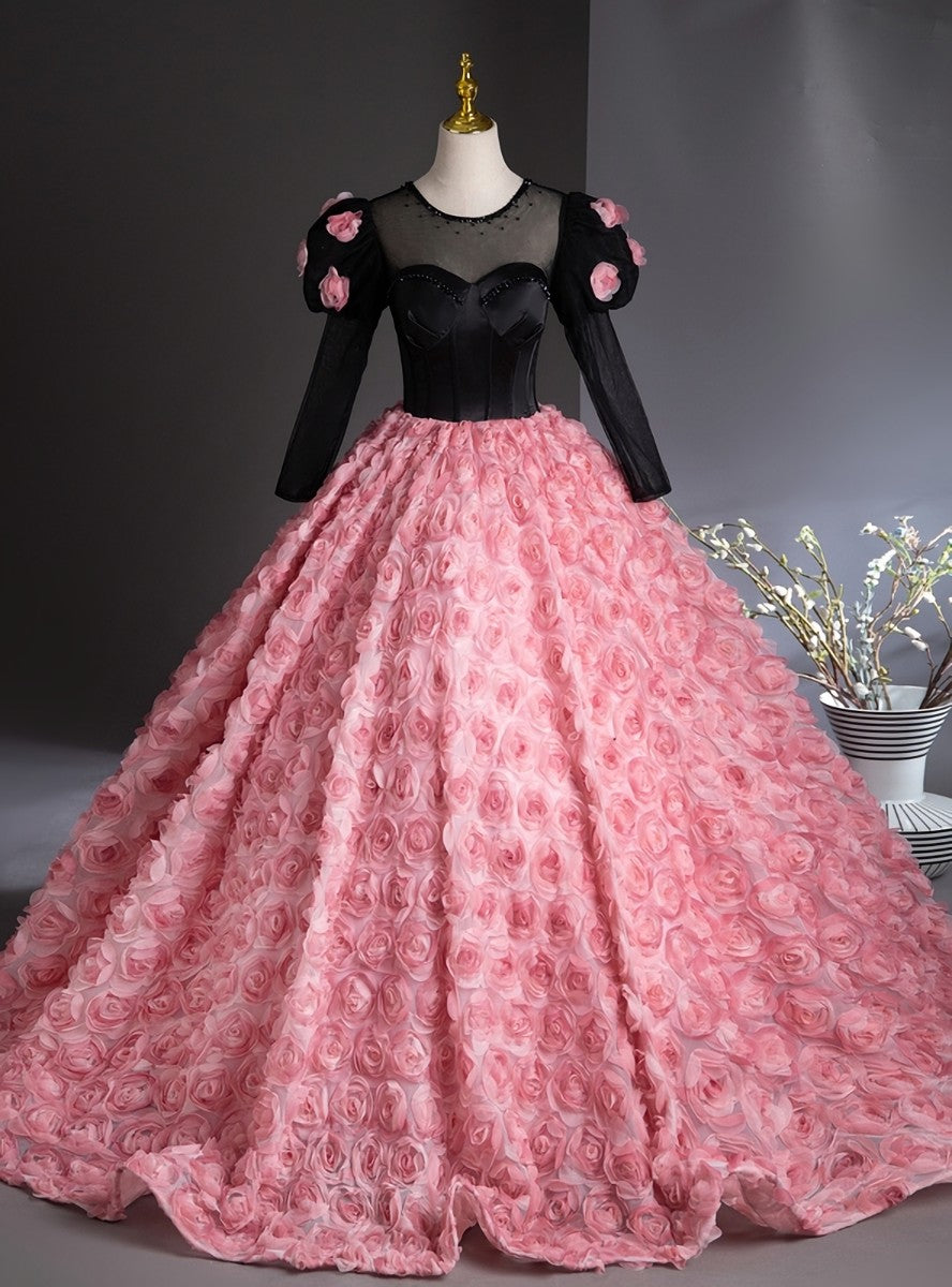 Pink 3D Rose Flower Long Sleeve Quinceanera Dress