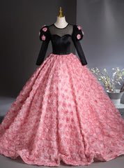 Pink 3D Rose Flower Long Sleeve Quinceanera Dress