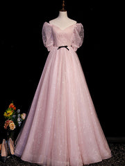 Pink A Line Puffy Sleeves Tulle Long Prom Dresses, Pink Sweet 16 Dresses