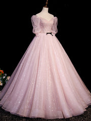 Pink A Line Puffy Sleeves Tulle Long Prom Dresses, Pink Sweet 16 Dresses