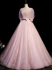 Pink A Line Puffy Sleeves Tulle Long Prom Dresses, Pink Sweet 16 Dresses