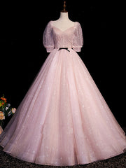 Pink A Line Puffy Sleeves Tulle Long Prom Dresses, Pink Sweet 16 Dresses