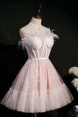 Pink A-Line Tulle Short Prom Dresses with Feather, Pink Strapless Party Dresses