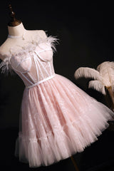 Pink A-Line Tulle Short Prom Dresses with Feather, Pink Strapless Party Dresses