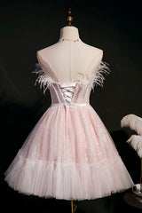 Pink A-Line Tulle Short Prom Dresses with Feather, Pink Strapless Party Dresses