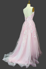 Pink A-line V Neck Spaghetti Straps Sweep Train Tulle Prom Dresses With Appliqued Beading