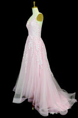 Pink A-line V Neck Spaghetti Straps Sweep Train Tulle Prom Dresses With Appliqued Beading