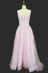 Pink A-line V Neck Spaghetti Straps Sweep Train Tulle Prom Dresses With Appliqued Beading