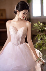 Pink and White Tulle Beaded Layers Sweet 16 Dresses, Tulle Long Prom Dresses