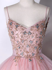 Pink Ball Gown Beaded V-neckline Prom Dresses, Pink Sweet 16 Dresses