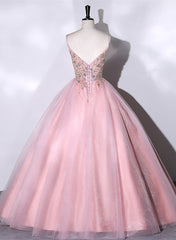 Pink Ball Gown Beaded V-neckline Prom Dresses, Pink Sweet 16 Dresses