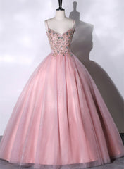 Pink Ball Gown Beaded V-neckline Prom Dresses, Pink Sweet 16 Dresses