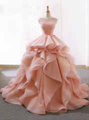 Pink Ball Gown Organza Bateau Bakless Wedding Dresses With Beading