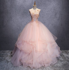 Pink Ball-Gown Organza Floor-Length Prom Dresses with Appliqued