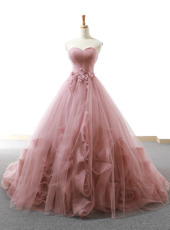 Pink Ball Gown Sweetheart Neck Tulle Appliques Wedding Dress