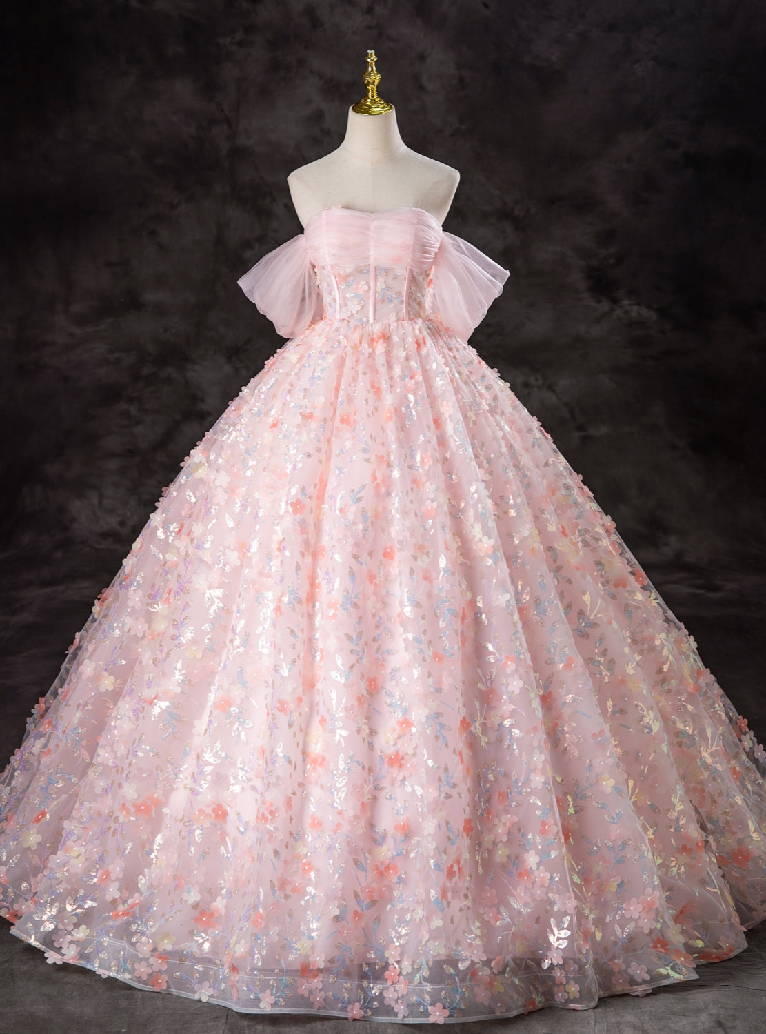 Pink Ball Gown Tulle 3D Flower Quinceanera Dress