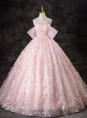 Pink Ball Gown Tulle 3D Flower Quinceanera Dress