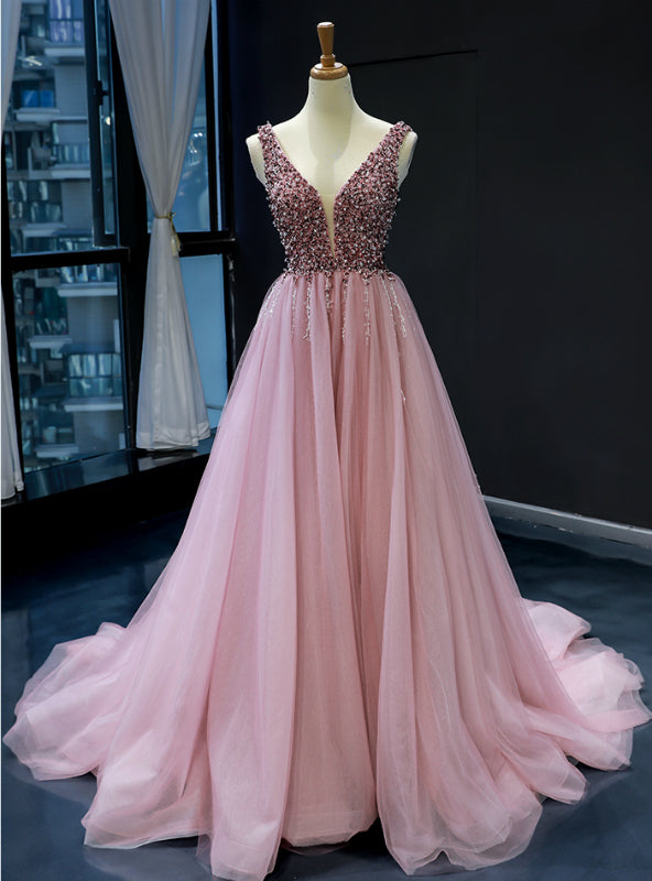 Pink Ball Gown Tulle Deep V-neck Backless Beading Prom Dress