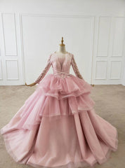 Pink Ball Gown Tulle Long Sleeve Beading Wedding Dress