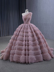 Pink Ball Gown Tulle One Shoulder Pleats Prom Dress