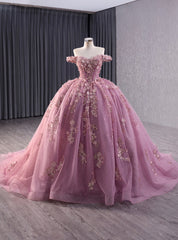 Pink Ball Gown Tulle Sequins Flower Prom Dress