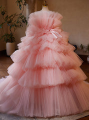 Pink Ball Gown Tulle Strapless Tiers Quinceanera Dresses