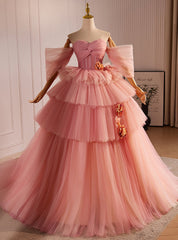 Pink Ball Gown Tulle Sweetheart Tiers Pleats Prom Dresses