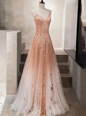 Pink Beaded Tulle Prom Dresses Evening Dresses, Straps Gradient Party Dresses