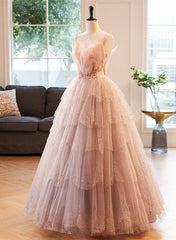 Pink Beaded V-neckline Tulle Party Dresses Prom Dresses, Tulle Layers Sweet 16 Dresses