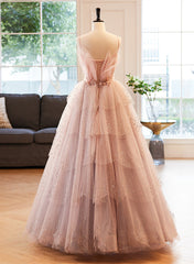 Pink Beaded V-neckline Tulle Party Dresses Prom Dresses, Tulle Layers Sweet 16 Dresses