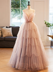 Pink Beaded V-neckline Tulle Party Dresses Prom Dresses, Tulle Layers Sweet 16 Dresses