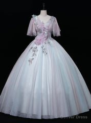 Pink Blue Tulle V-neck Pleats Quinceanera Dress