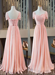 Pink Chiffon Cap Sleeves Long Bridesmaid Dresses, Floor Length Pink Party Dresses