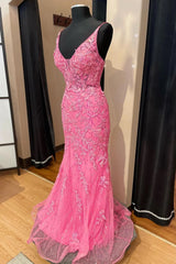 Рожеве корсетне випускне плаття елегантне лінійне вечірнє плаття з глибокою v шиї з аплікаціями