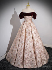 Pink Floral Off Shoulder Beaded Long Prom Dress, Pink Floor Length Party Dress