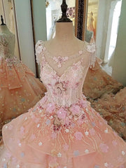 Pink Flowers Round Neckline Sweet 16 Dresses, Pink Quinceanera Dresses