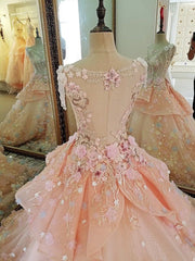 Pink Flowers Round Neckline Sweet 16 Dresses, Pink Quinceanera Dresses