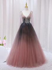 Pink Gray Tulle V-neck Beading Prom Dress