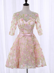 Pink Half Sleeve Flower Homecoming Dresses