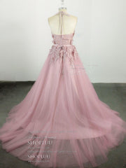 Pink High Neck Tulle Lace Applique Long Prom Dresses, Pink Evening Dresses