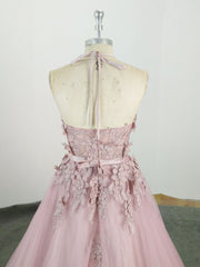 Pink High Neck Tulle Lace Applique Long Prom Dresses, Pink Evening Dresses