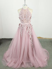 Pink High Neck Tulle Lace Applique Long Prom Dresses, Pink Evening Dresses